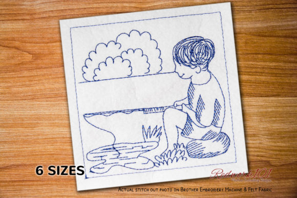 A Simple Redwork Fishing Boy for Classic Personalized Gifts