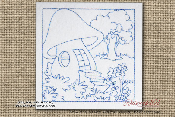 Forest with a Mushroom House Redwork Embroidery Review